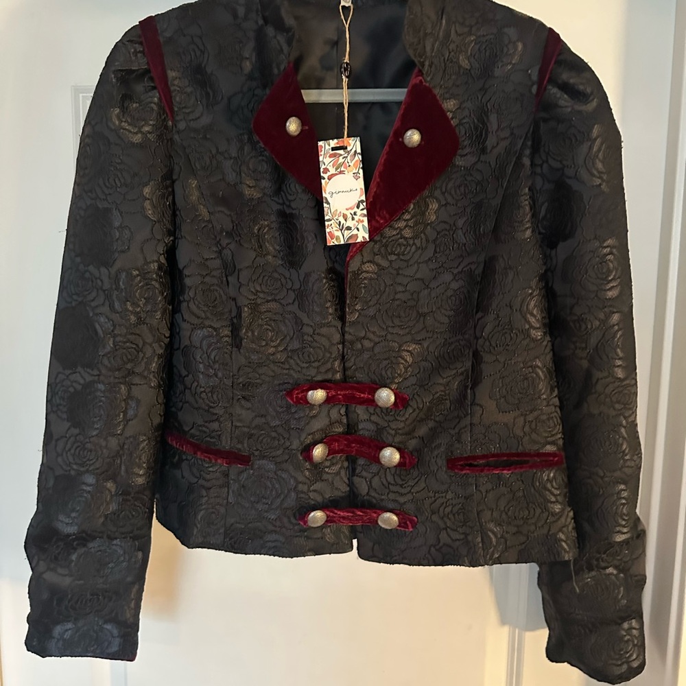 “Gimmicks”Women's Black Brocade Jacket with Burgundy Velvet Trim